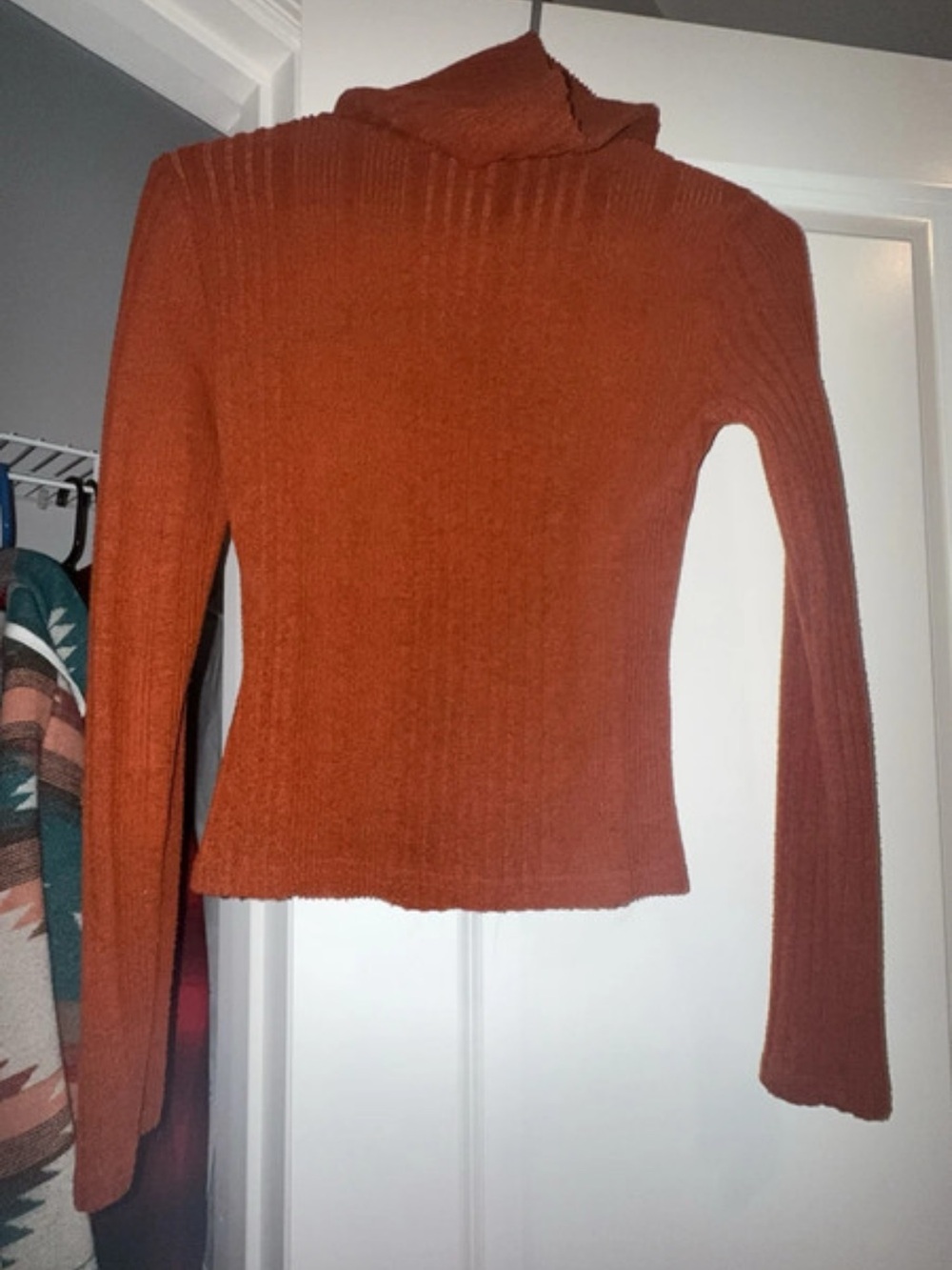 SHEIN Rust Orange Ribbed Mock Neck Sweater Top